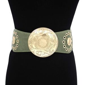 Wide Waist Statement Belt with Gold Buckle